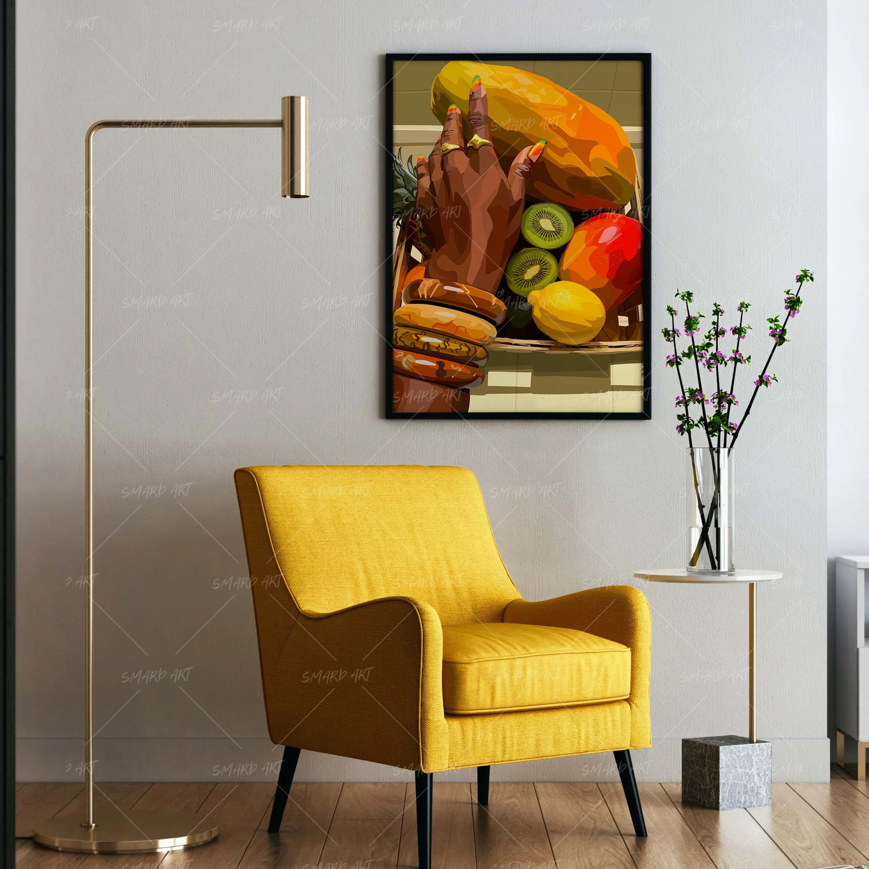 Fruity Day-wall art print featuring decorative artistic design suitable for living rooms, offices, and schools by SmardArt. Elevate your space with Black wall art that speaks to culture, identity, and creativity. At Smard, we celebrate artistry made with melanin, bringing powerful and inspiring designs to life.