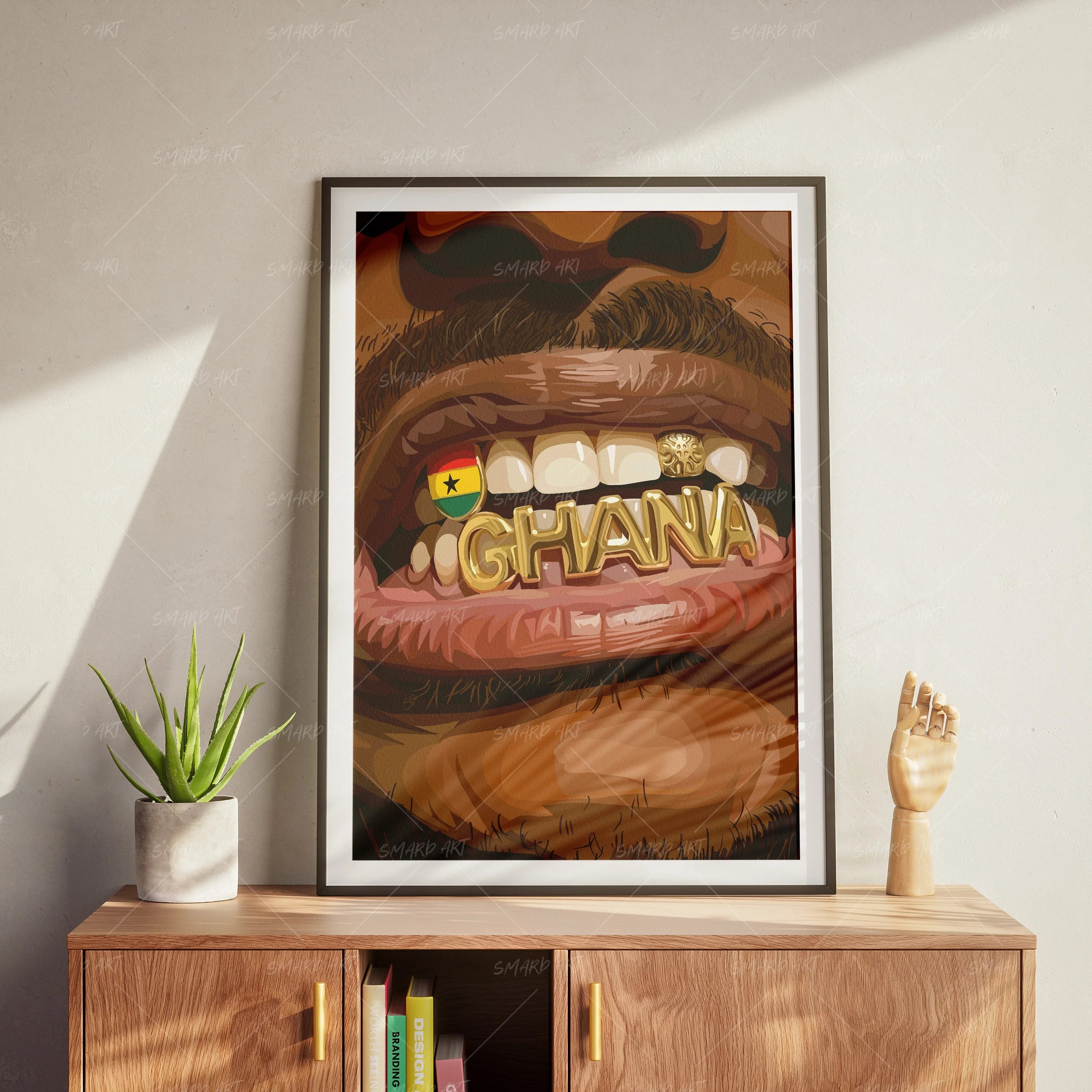 Ghana Grillz-wall art print featuring decorative artistic design suitable for living rooms, offices, and schools by SmardArt. Elevate your space with Black wall art that speaks to culture, identity, and creativity. At Smard, we celebrate artistry made with melanin, bringing powerful and inspiring designs to life.