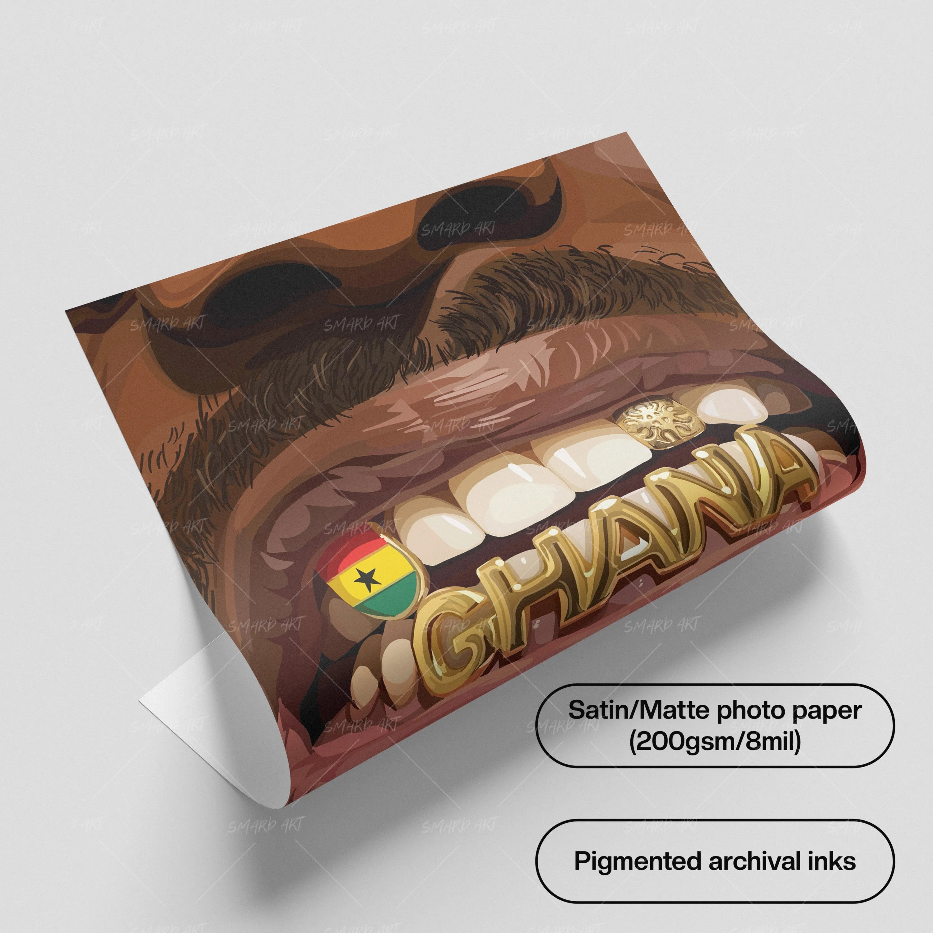 Ghana Grillz-wall art print featuring decorative artistic design suitable for living rooms, offices, and schools by SmardArt. Elevate your space with Black wall art that speaks to culture, identity, and creativity. At Smard, we celebrate artistry made with melanin, bringing powerful and inspiring designs to life.