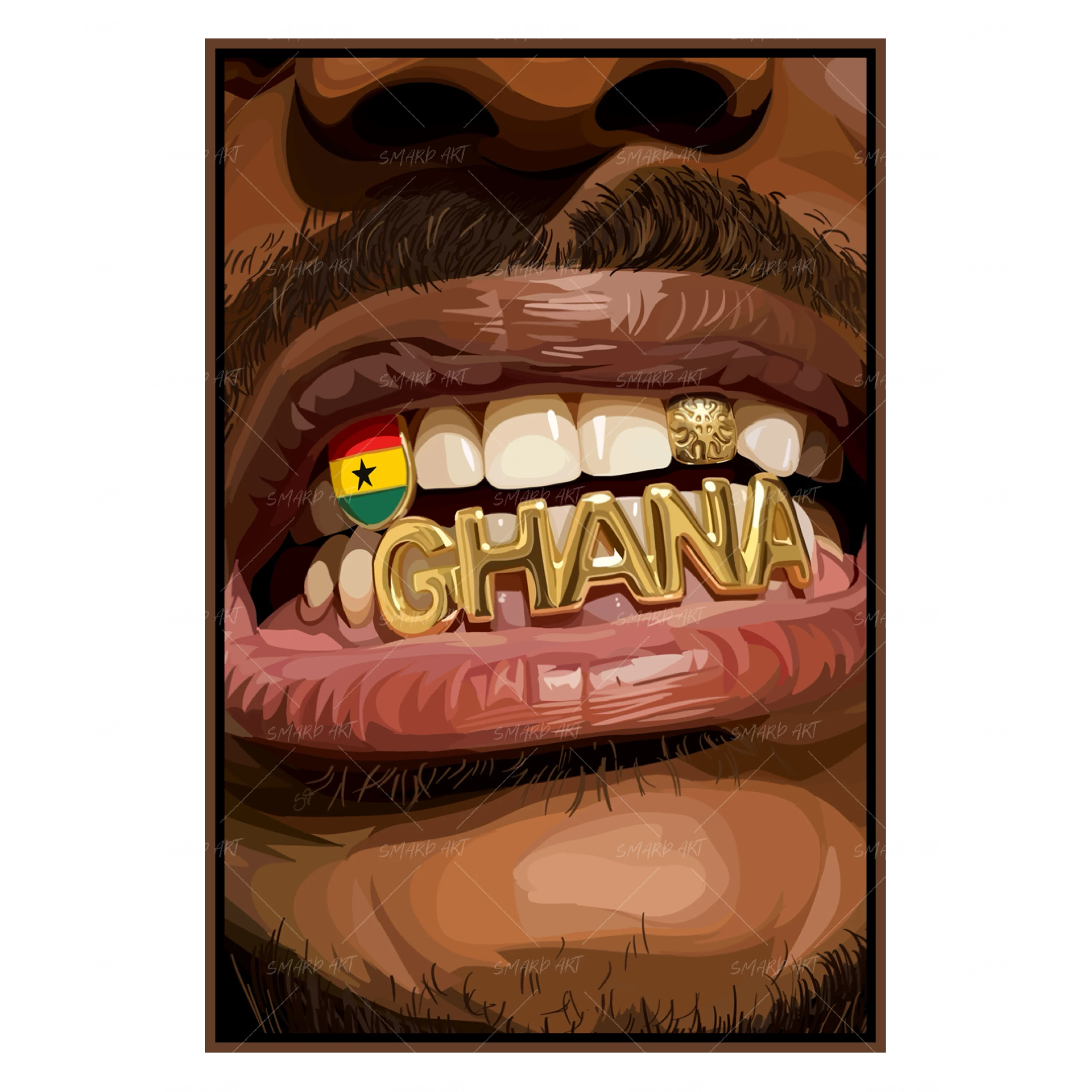 Ghana Grillz-wall art print featuring decorative artistic design suitable for living rooms, offices, and schools by SmardArt. Elevate your space with Black wall art that speaks to culture, identity, and creativity. At Smard, we celebrate artistry made with melanin, bringing powerful and inspiring designs to life.