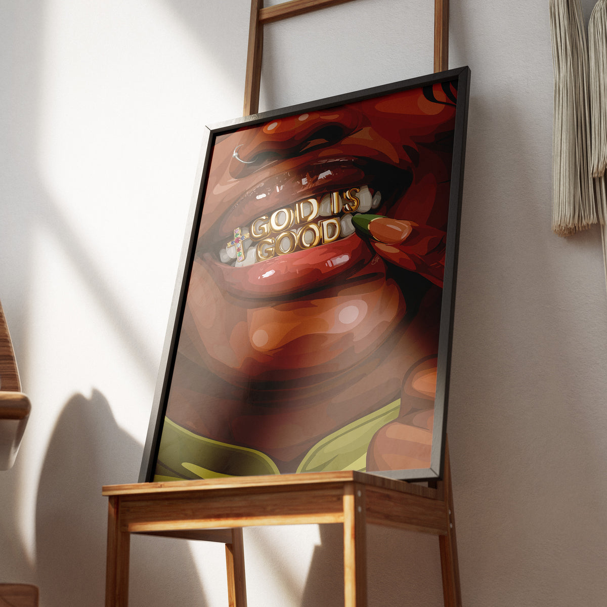God is Good Grillz-wall art print featuring decorative artistic design suitable for living rooms, offices, and schools by SmardArt. Elevate your space with Black wall art that speaks to culture, identity, and creativity. At Smard, we celebrate artistry made with melanin, bringing powerful and inspiring designs to life.