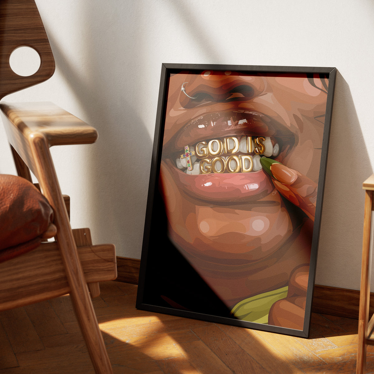 God is Good Grillz-wall art print featuring decorative artistic design suitable for living rooms, offices, and schools by SmardArt. Elevate your space with Black wall art that speaks to culture, identity, and creativity. At Smard, we celebrate artistry made with melanin, bringing powerful and inspiring designs to life.