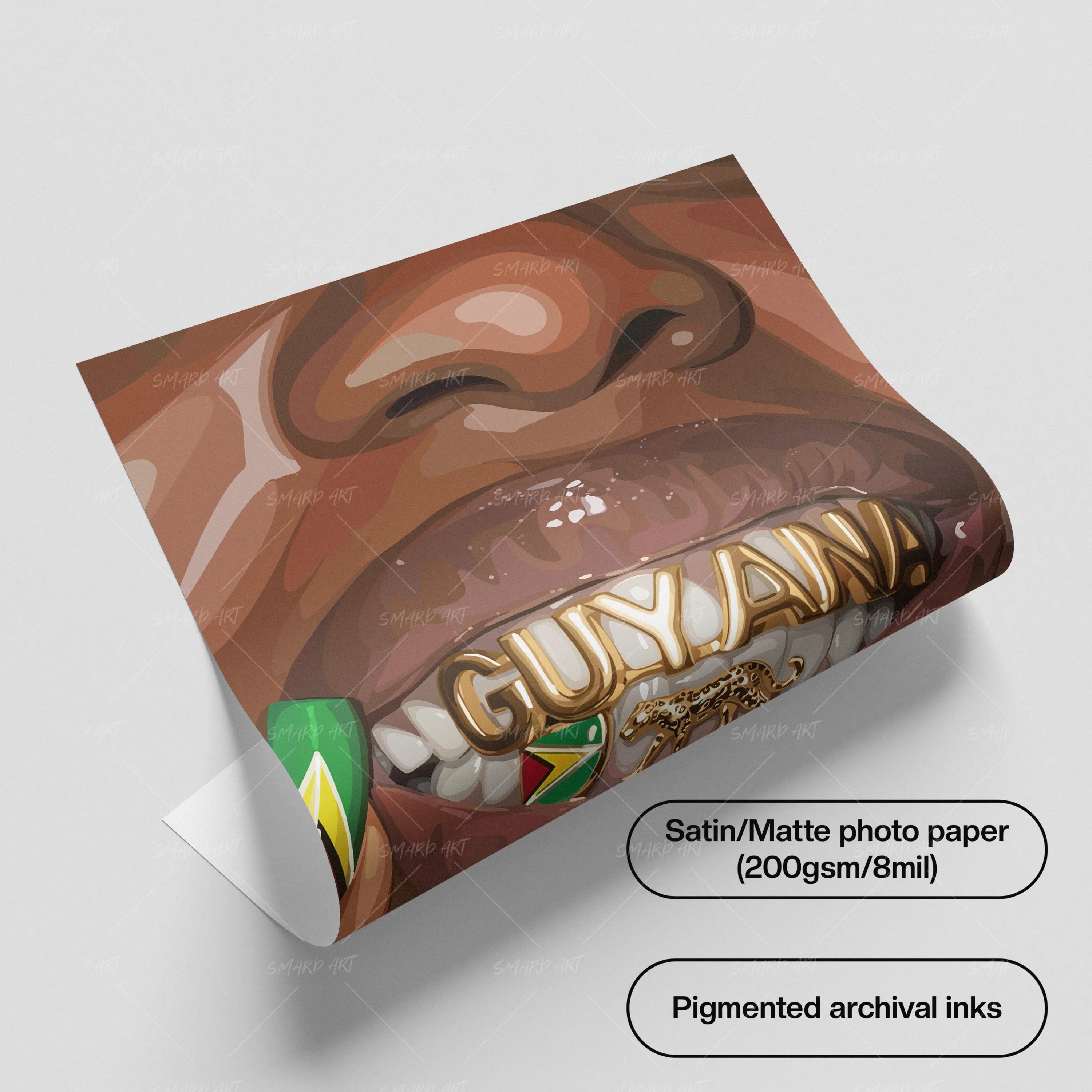 Guyana Grillz-wall art print featuring decorative artistic design suitable for living rooms, offices, and schools by SmardArt. Elevate your space with Black wall art that speaks to culture, identity, and creativity. At Smard, we celebrate artistry made with melanin, bringing powerful and inspiring designs to life.