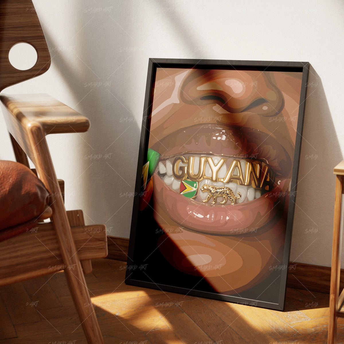 Guyana Grillz-wall art print featuring decorative artistic design suitable for living rooms, offices, and schools by SmardArt. Elevate your space with Black wall art that speaks to culture, identity, and creativity. At Smard, we celebrate artistry made with melanin, bringing powerful and inspiring designs to life.