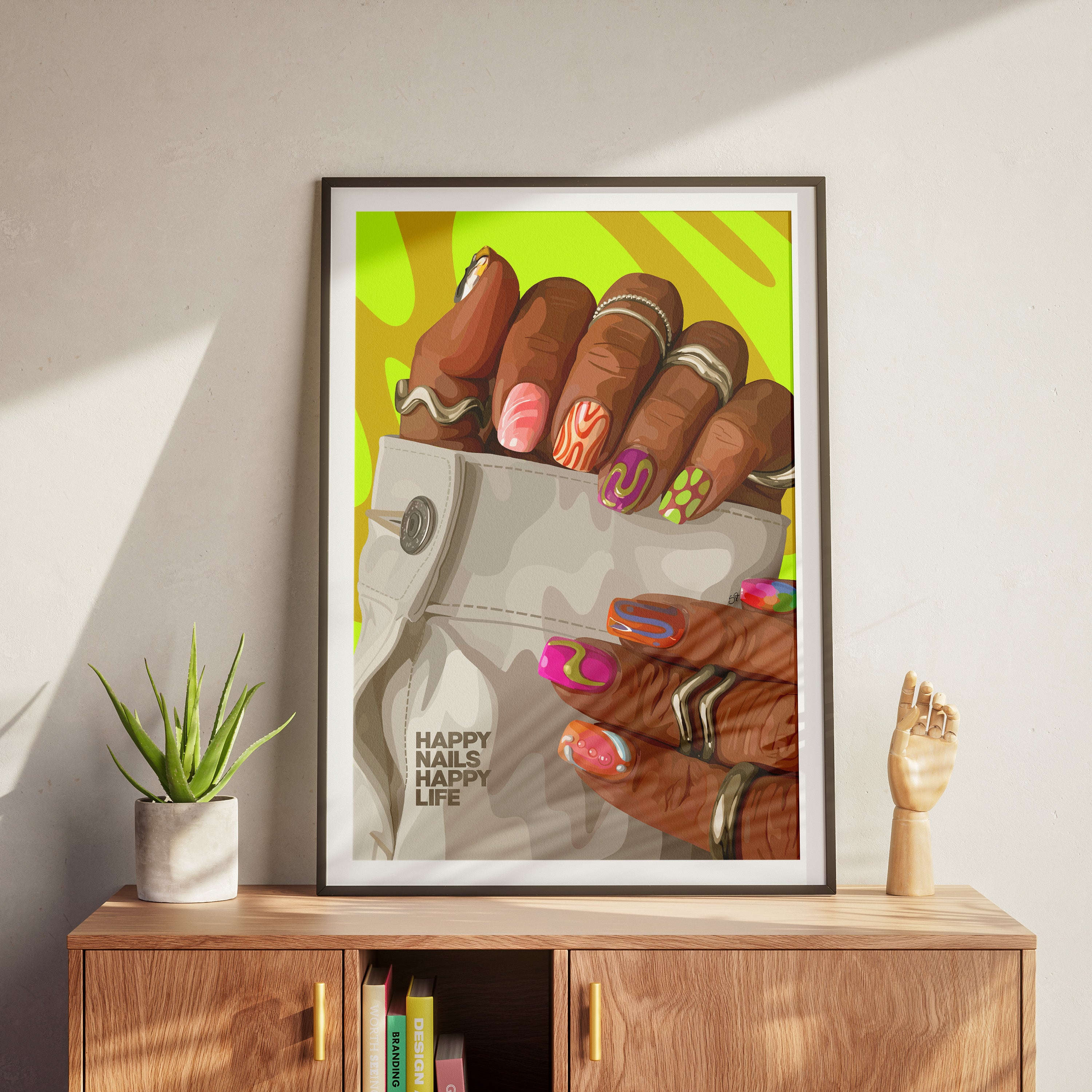 Happy Nails, Happy Life-wall art print featuring decorative artistic design suitable for living rooms, offices, and schools by SmardArt. Elevate your space with Black wall art that speaks to culture, identity, and creativity. At Smard, we celebrate artistry made with melanin, bringing powerful and inspiring designs to life.