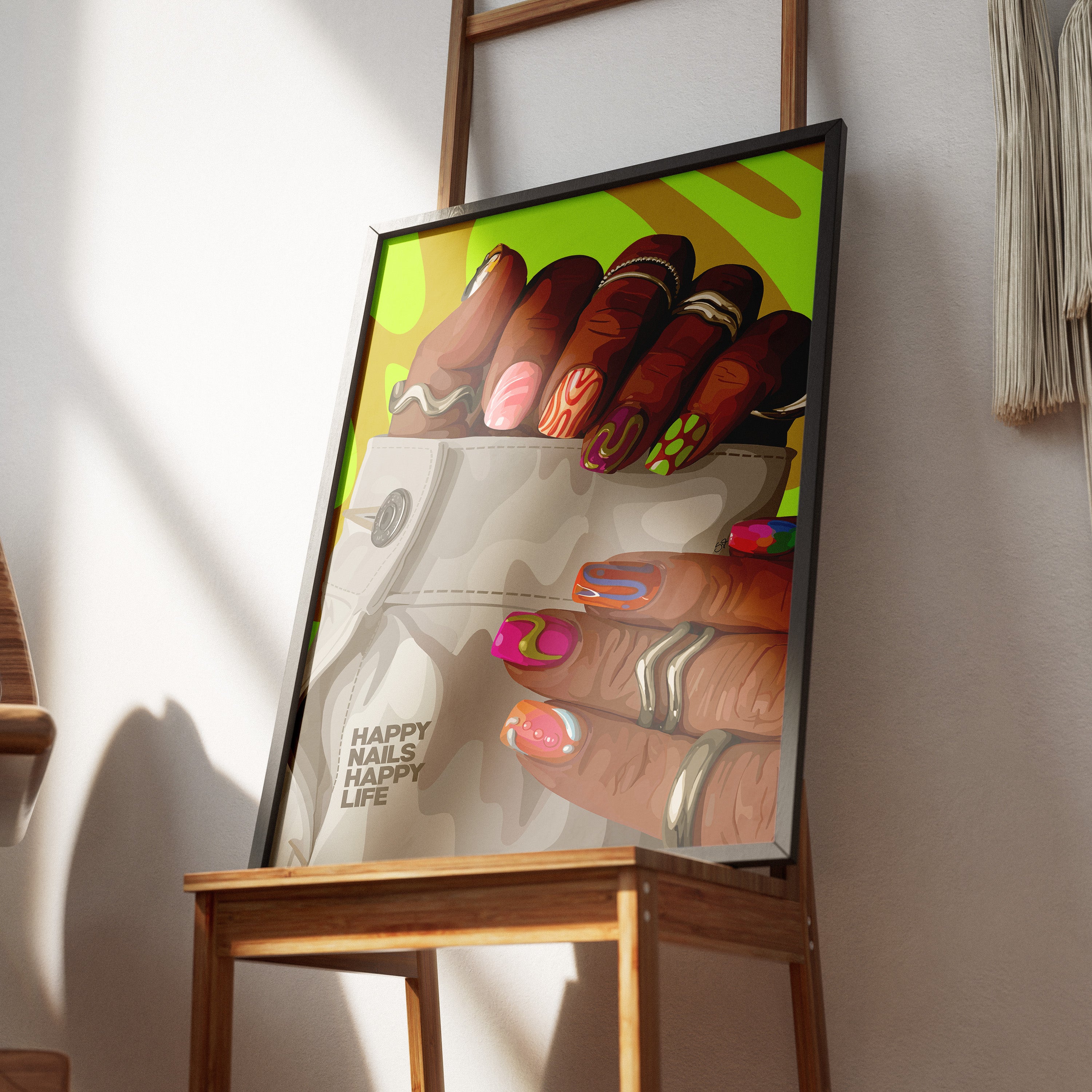 Happy Nails, Happy Life-wall art print featuring decorative artistic design suitable for living rooms, offices, and schools by SmardArt. Elevate your space with Black wall art that speaks to culture, identity, and creativity. At Smard, we celebrate artistry made with melanin, bringing powerful and inspiring designs to life.