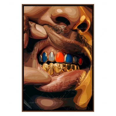 Prime Time Grillz-wall art print featuring decorative artistic design suitable for living rooms, offices, and schools by SmardArt. Elevate your space with Black wall art that speaks to culture, identity, and creativity. At Smard, we celebrate artistry made with melanin, bringing powerful and inspiring designs to life.