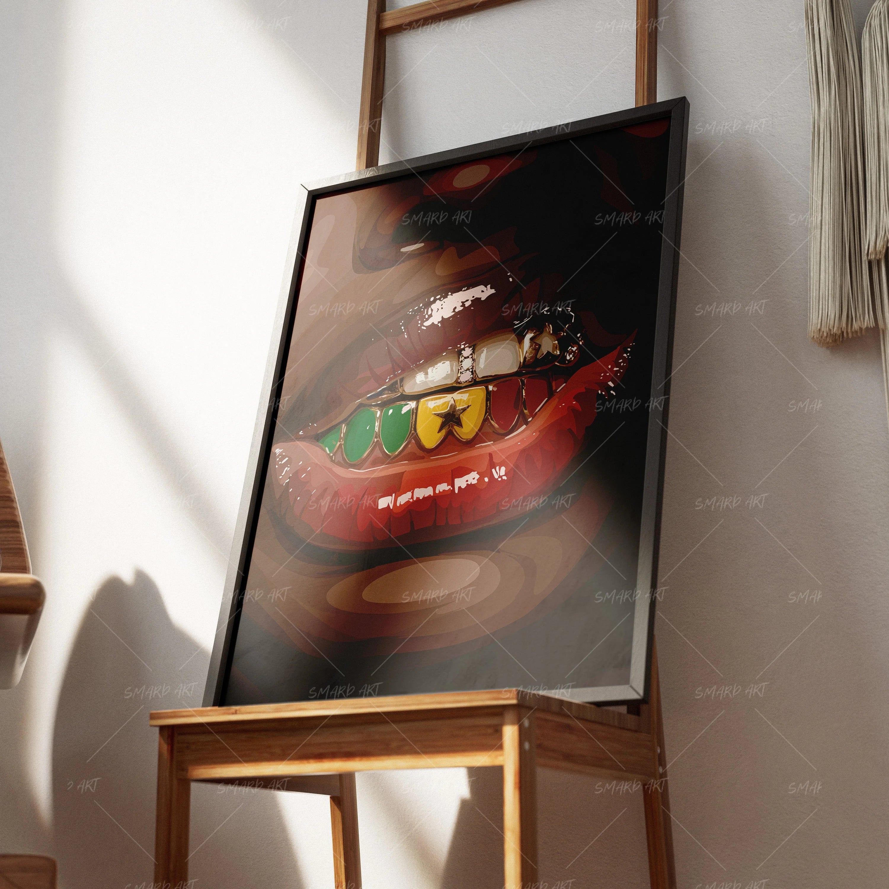Senegal Grillz-wall art print featuring decorative artistic design suitable for living rooms, offices, and schools by SmardArt. Elevate your space with Black wall art that speaks to culture, identity, and creativity. At Smard, we celebrate artistry made with melanin, bringing powerful and inspiring designs to life.