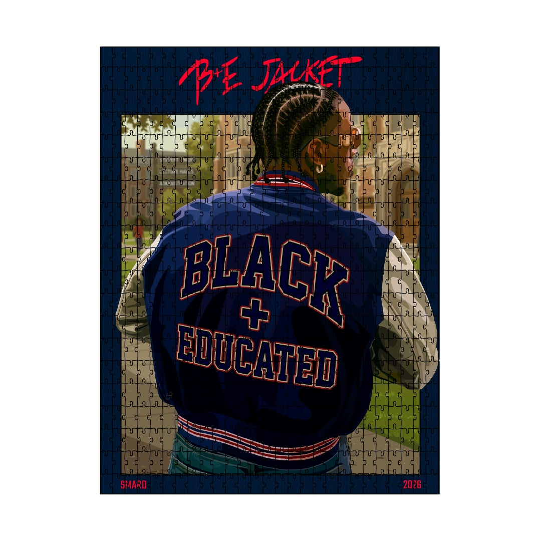 B+E Jacket Puzzle-wall art print featuring decorative artistic design suitable for living rooms, offices, and schools by SmardArt. Elevate your space with Black wall art that speaks to culture, identity, and creativity. At Smard, we celebrate artistry made with melanin, bringing powerful and inspiring designs to life.