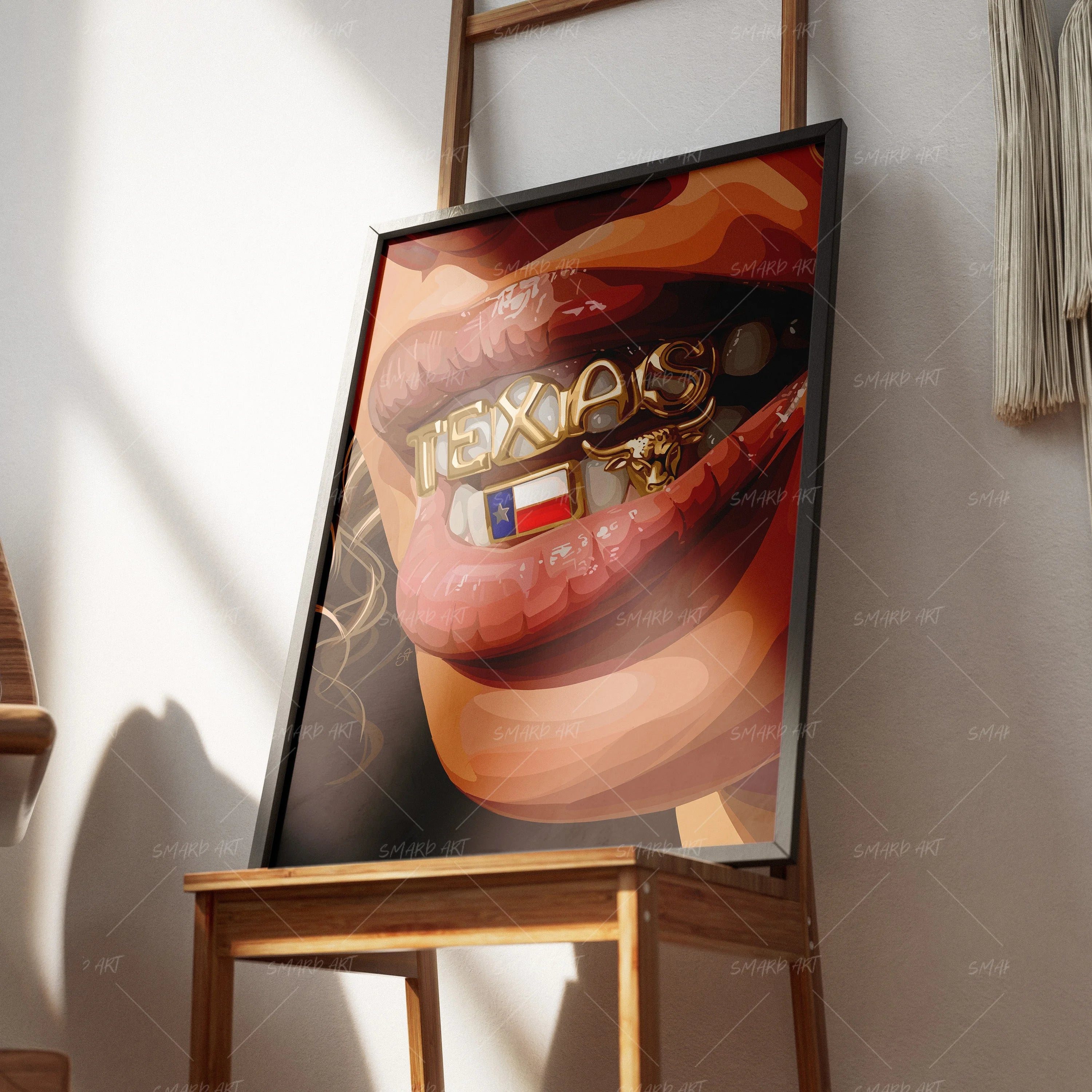 Texana Grillz-wall art print featuring decorative artistic design suitable for living rooms, offices, and schools by SmardArt. Elevate your space with Black wall art that speaks to culture, identity, and creativity. At Smard, we celebrate artistry made with melanin, bringing powerful and inspiring designs to life.