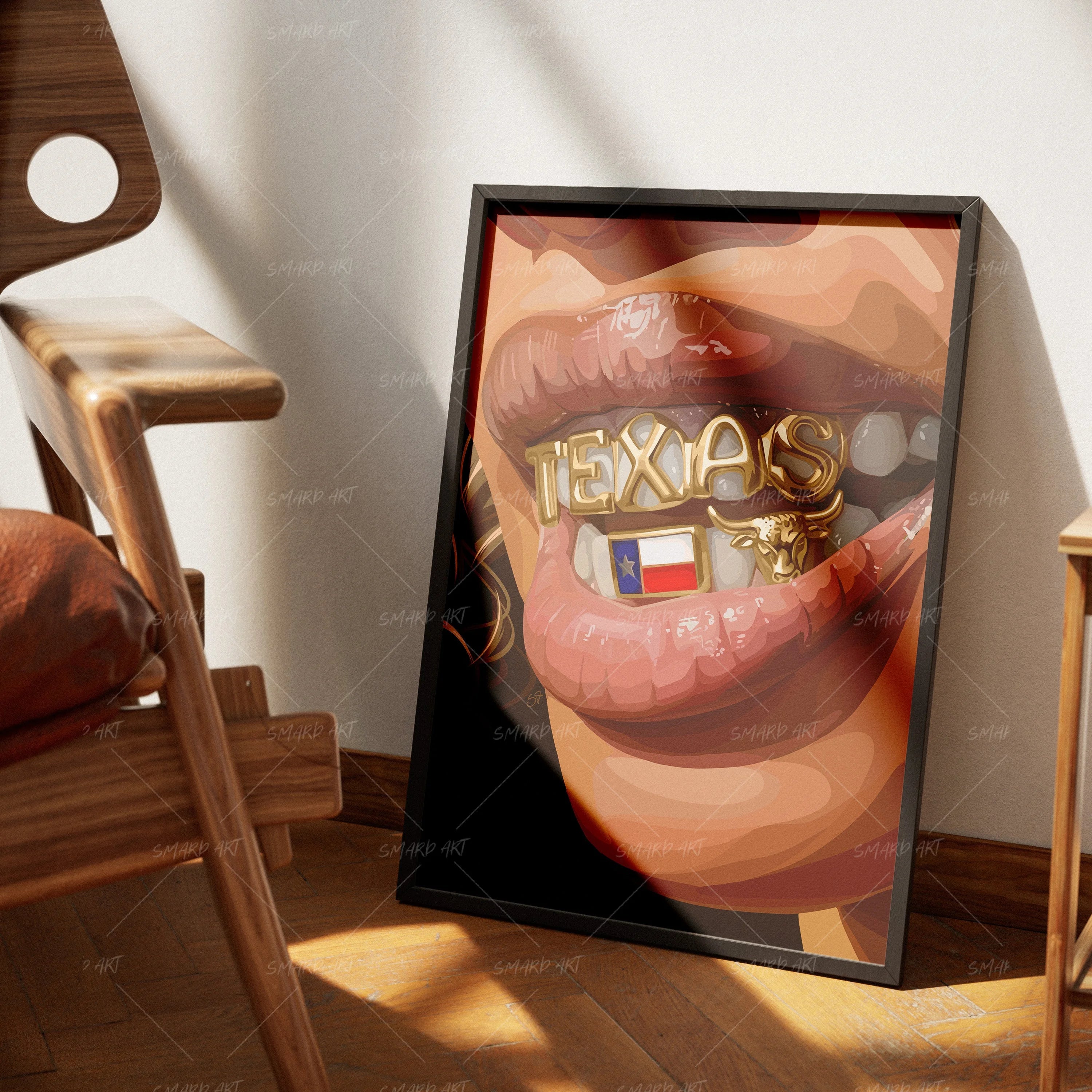 Texana Grillz-wall art print featuring decorative artistic design suitable for living rooms, offices, and schools by SmardArt. Elevate your space with Black wall art that speaks to culture, identity, and creativity. At Smard, we celebrate artistry made with melanin, bringing powerful and inspiring designs to life.