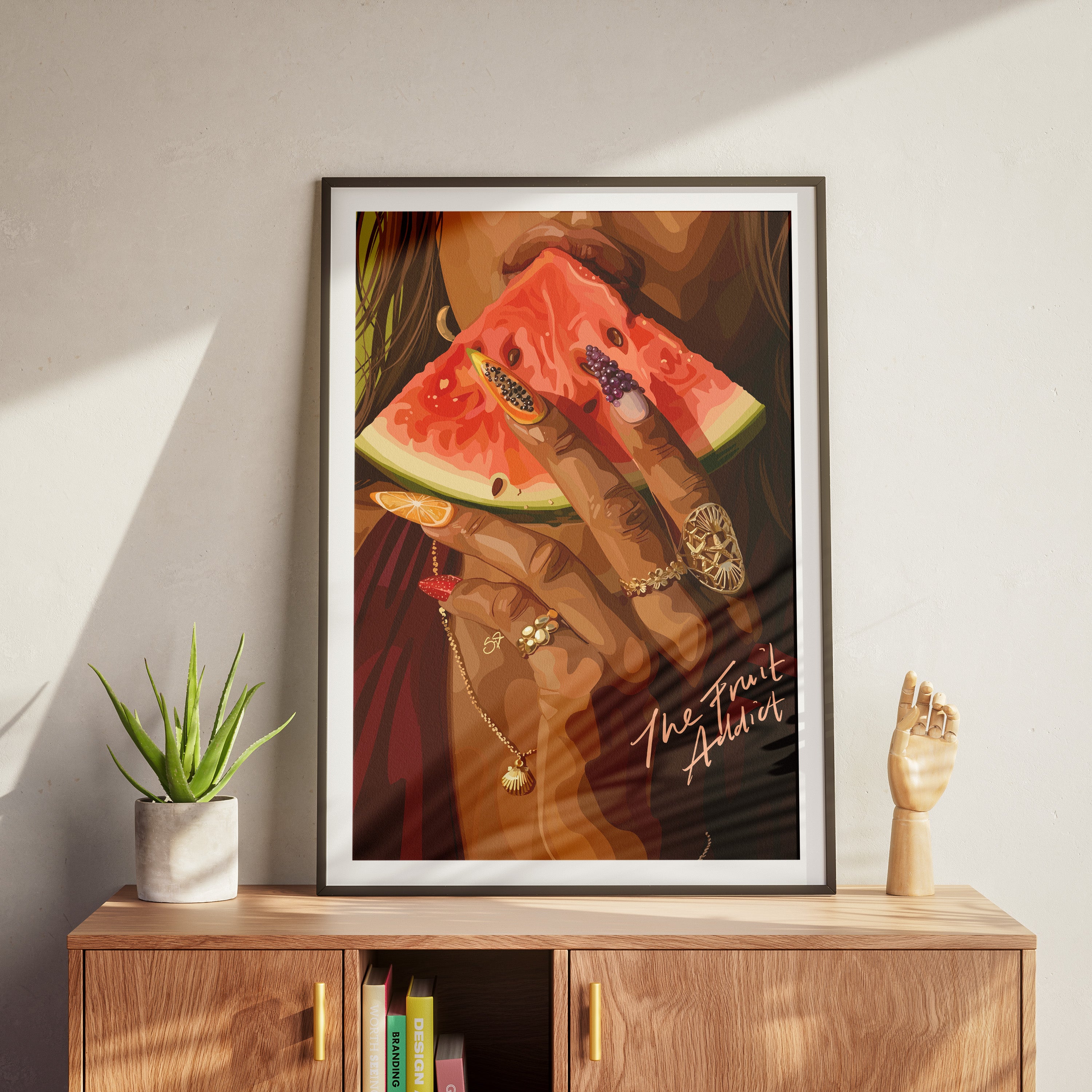 The Fruit Addict-wall art print featuring decorative artistic design suitable for living rooms, offices, and schools by SmardArt. Elevate your space with Black wall art that speaks to culture, identity, and creativity. At Smard, we celebrate artistry made with melanin, bringing powerful and inspiring designs to life.
