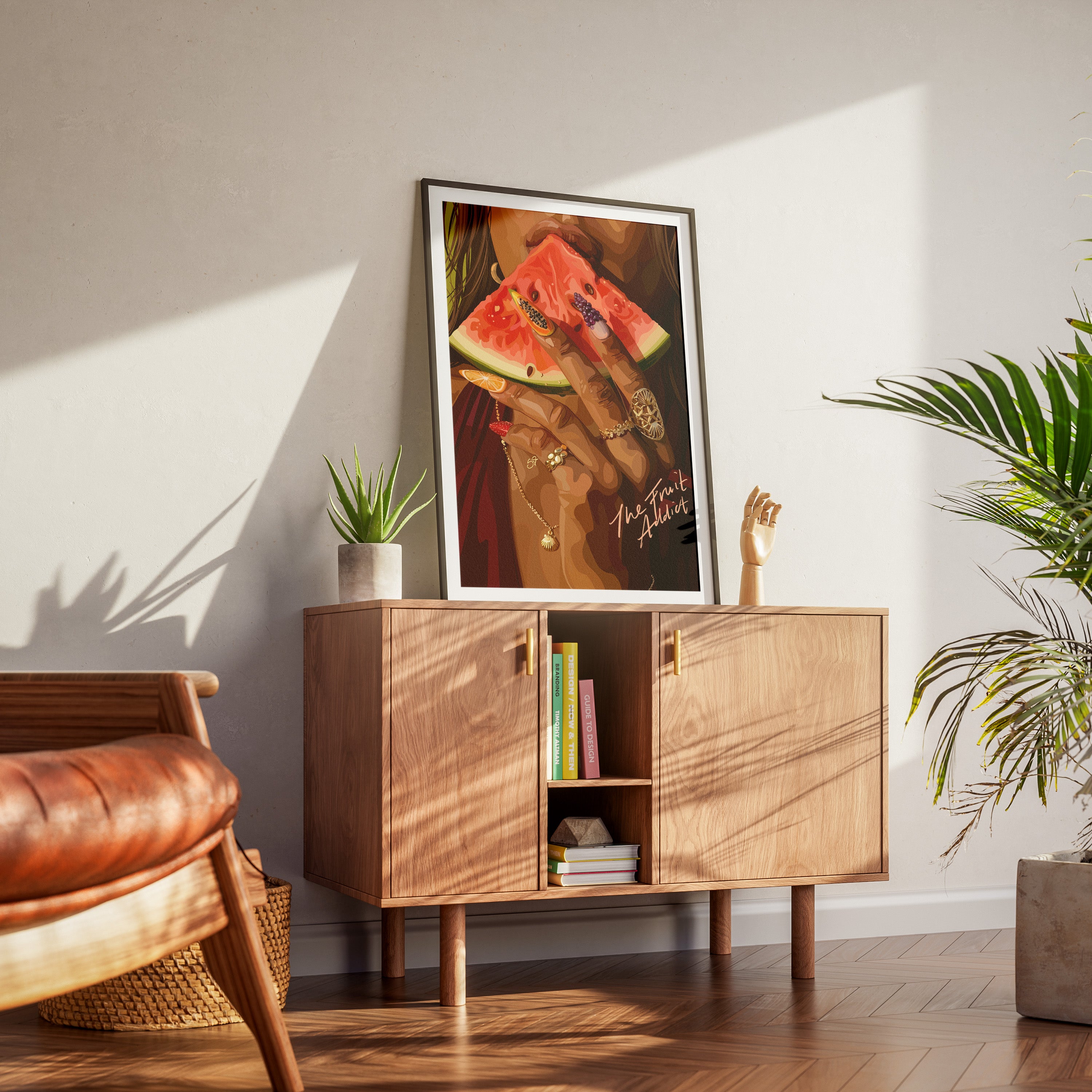 The Fruit Addict-wall art print featuring decorative artistic design suitable for living rooms, offices, and schools by SmardArt. Elevate your space with Black wall art that speaks to culture, identity, and creativity. At Smard, we celebrate artistry made with melanin, bringing powerful and inspiring designs to life.