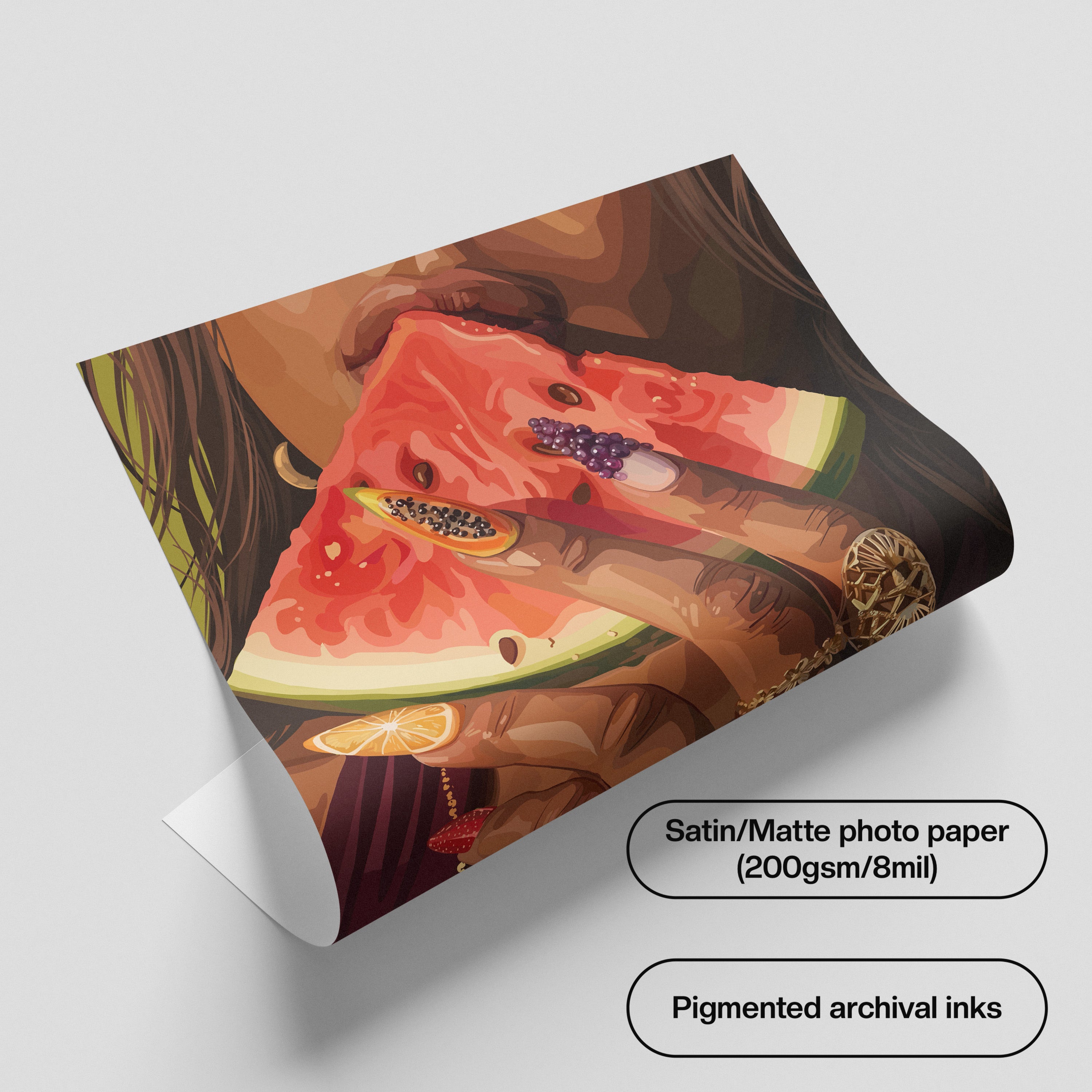 The Fruit Addict-wall art print featuring decorative artistic design suitable for living rooms, offices, and schools by SmardArt. Elevate your space with Black wall art that speaks to culture, identity, and creativity. At Smard, we celebrate artistry made with melanin, bringing powerful and inspiring designs to life.