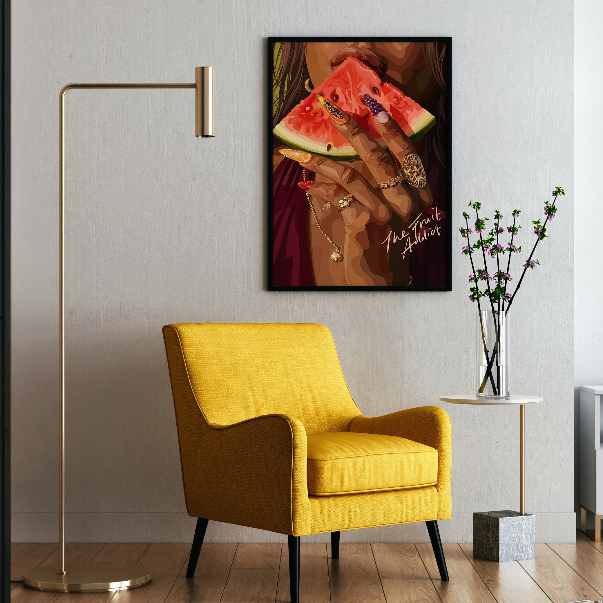 The Fruit Addict-wall art print featuring decorative artistic design suitable for living rooms, offices, and schools by SmardArt. Elevate your space with Black wall art that speaks to culture, identity, and creativity. At Smard, we celebrate artistry made with melanin, bringing powerful and inspiring designs to life.