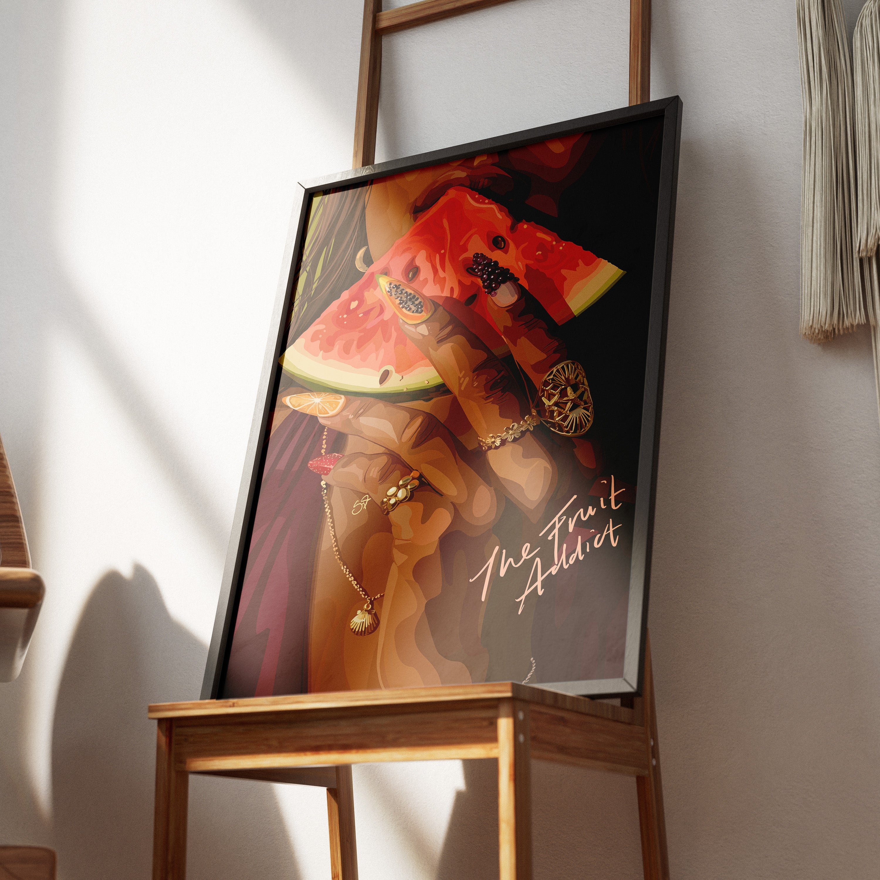 The Fruit Addict-wall art print featuring decorative artistic design suitable for living rooms, offices, and schools by SmardArt. Elevate your space with Black wall art that speaks to culture, identity, and creativity. At Smard, we celebrate artistry made with melanin, bringing powerful and inspiring designs to life.