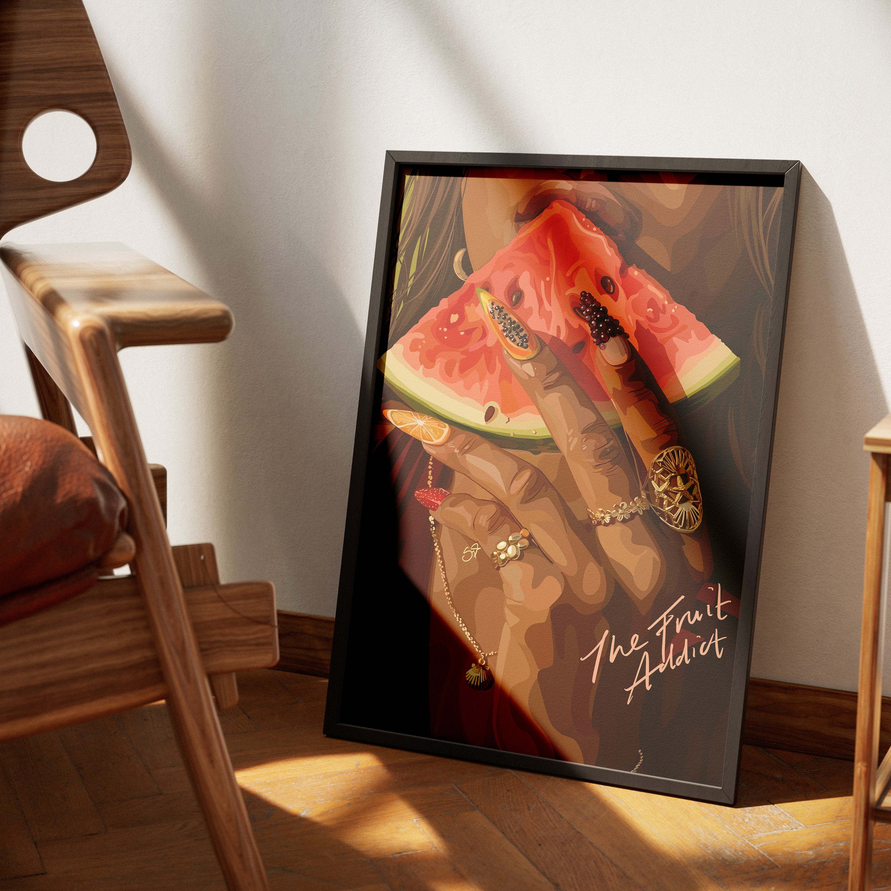 The Fruit Addict-wall art print featuring decorative artistic design suitable for living rooms, offices, and schools by SmardArt. Elevate your space with Black wall art that speaks to culture, identity, and creativity. At Smard, we celebrate artistry made with melanin, bringing powerful and inspiring designs to life.