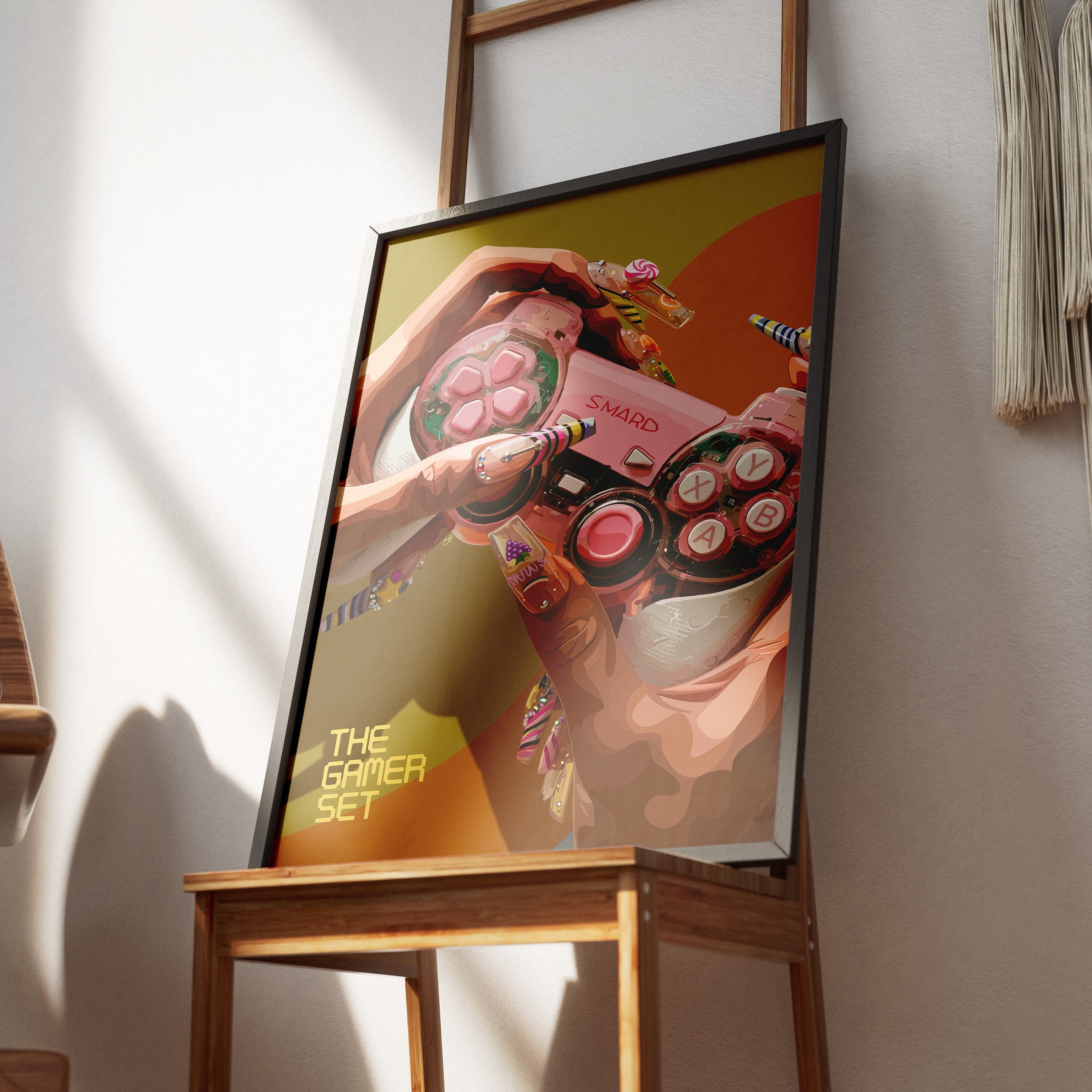The Gamer Set-wall art print featuring decorative artistic design suitable for living rooms, offices, and schools by SmardArt. Elevate your space with Black wall art that speaks to culture, identity, and creativity. At Smard, we celebrate artistry made with melanin, bringing powerful and inspiring designs to life.