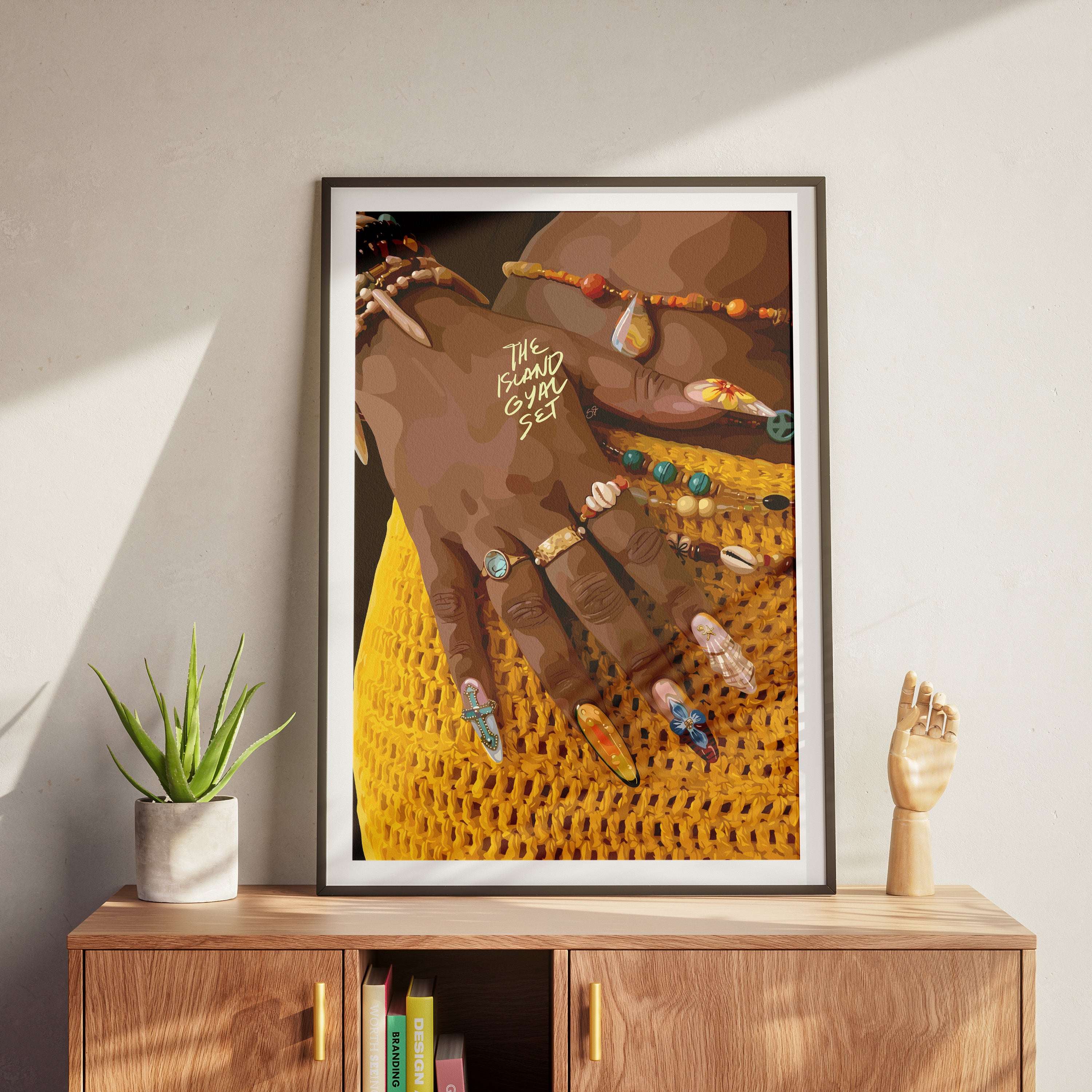 The Island Gyal Set-wall art print featuring decorative artistic design suitable for living rooms, offices, and schools by SmardArt. Elevate your space with Black wall art that speaks to culture, identity, and creativity. At Smard, we celebrate artistry made with melanin, bringing powerful and inspiring designs to life.