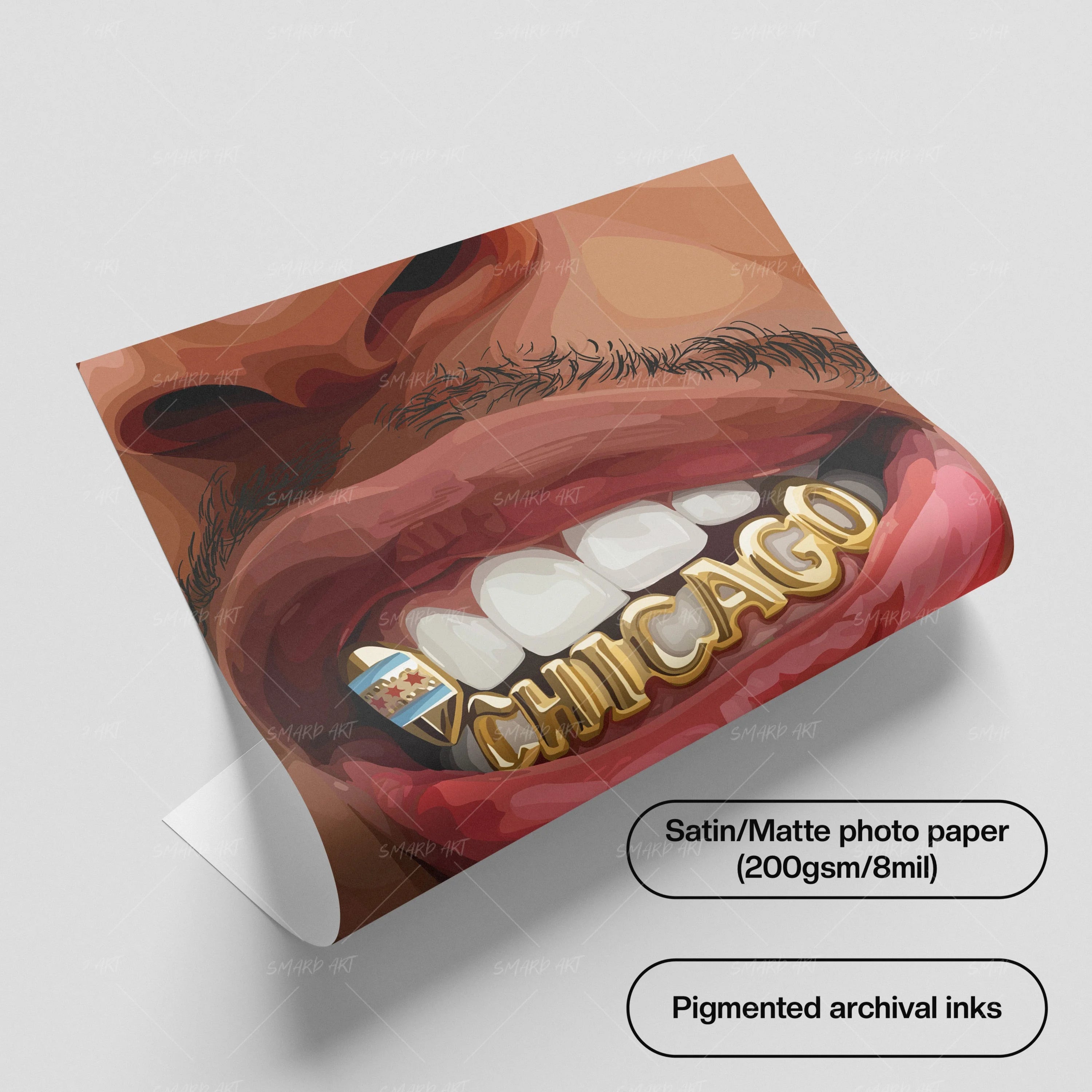 The Windy City Grillz-wall art print featuring decorative artistic design suitable for living rooms, offices, and schools by SmardArt. Elevate your space with Black wall art that speaks to culture, identity, and creativity. At Smard, we celebrate artistry made with melanin, bringing powerful and inspiring designs to life.
