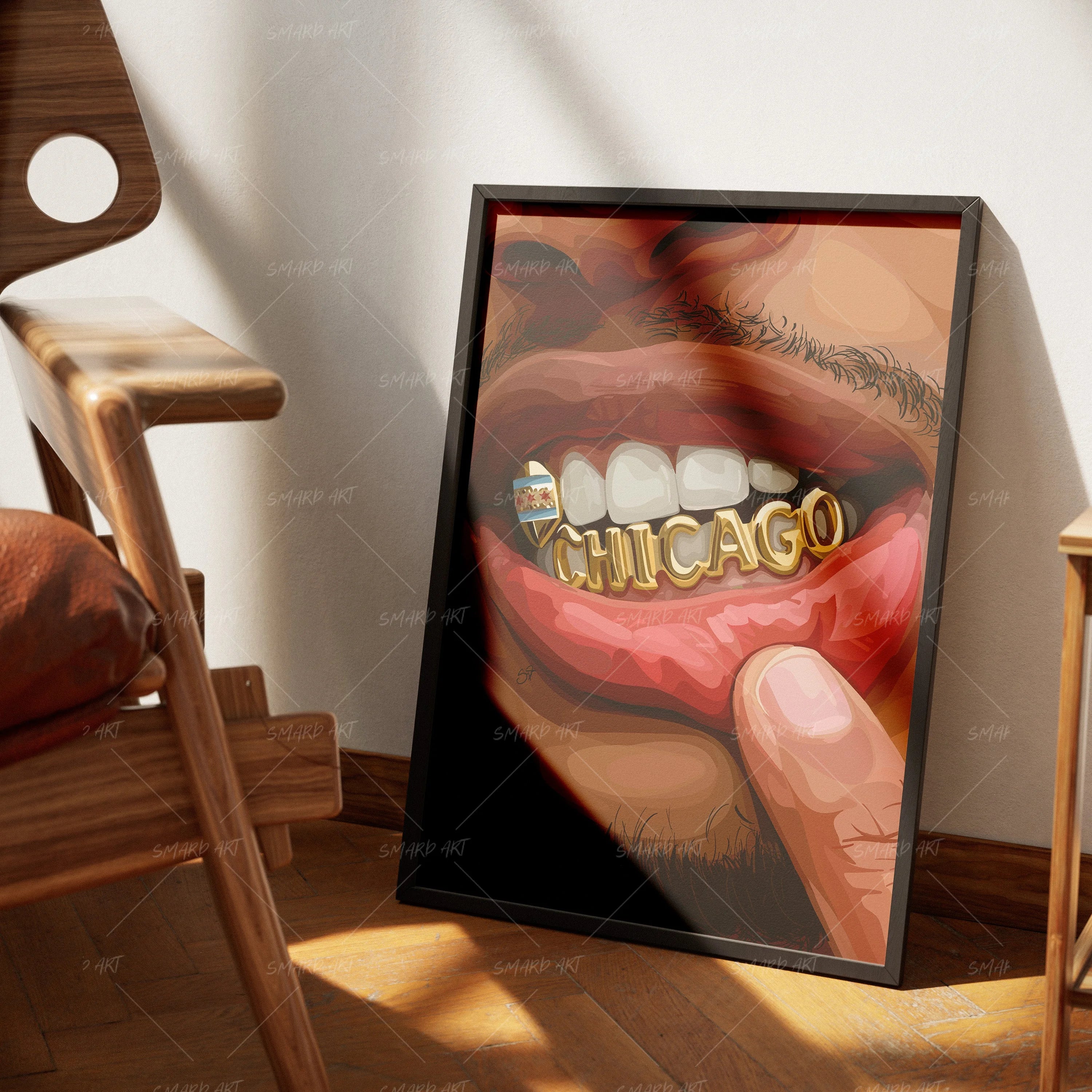 The Windy City Grillz-wall art print featuring decorative artistic design suitable for living rooms, offices, and schools by SmardArt. Elevate your space with Black wall art that speaks to culture, identity, and creativity. At Smard, we celebrate artistry made with melanin, bringing powerful and inspiring designs to life.