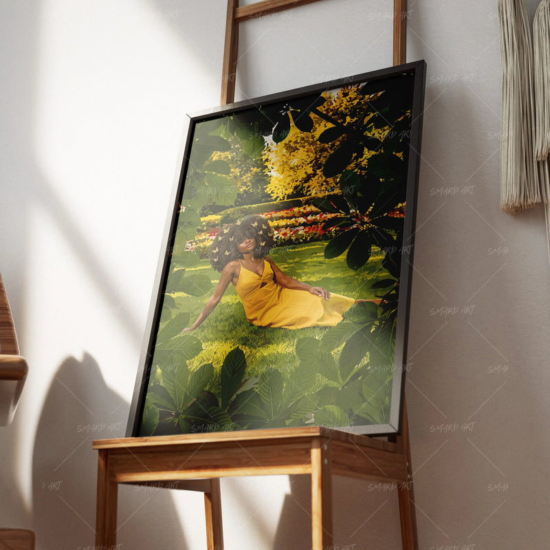 Yellow in the Garden-wall art print featuring decorative artistic design suitable for living rooms, offices, and schools by SmardArt. Elevate your space with Black wall art that speaks to culture, identity, and creativity. At Smard, we celebrate artistry made with melanin, bringing powerful and inspiring designs to life.