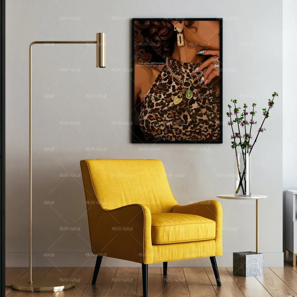 Glowdifferently Christian confidence wall art by Faith Girlie featuring a stylish woman in leopard print with gold jewelry and the message “You glow differently when you've got Jesus.”