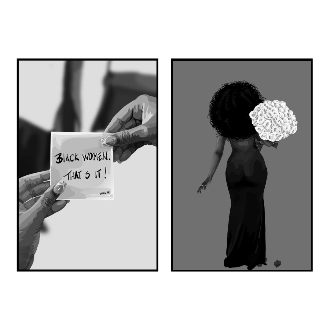 Art Print Bundle : Black Women Quote B&W + Afro n Roses B&W