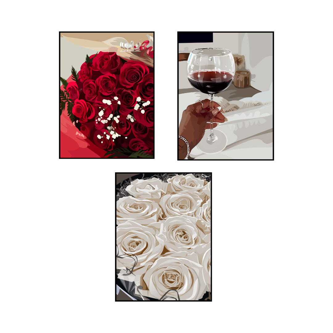 Art Print Bundle : Red Roses + Red Wine + White Roses