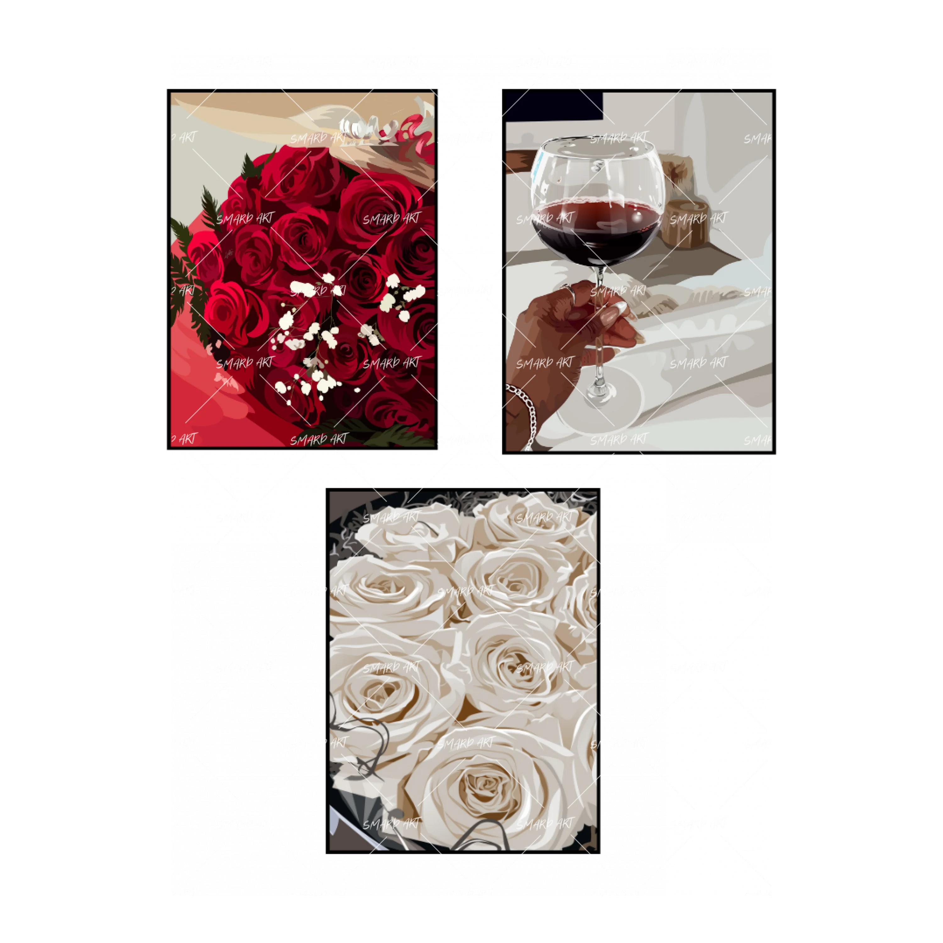 Art Print Bundle : Red Roses + Red Wine + White Roses