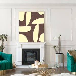 art of a brown background with rectangular peach coloured shapes in different orientations.